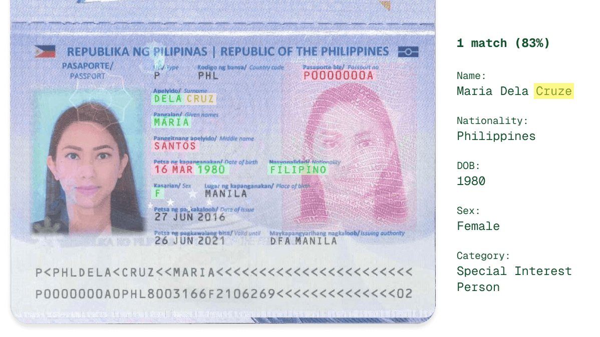 A passport with details being fuzzily matched to a person's profile