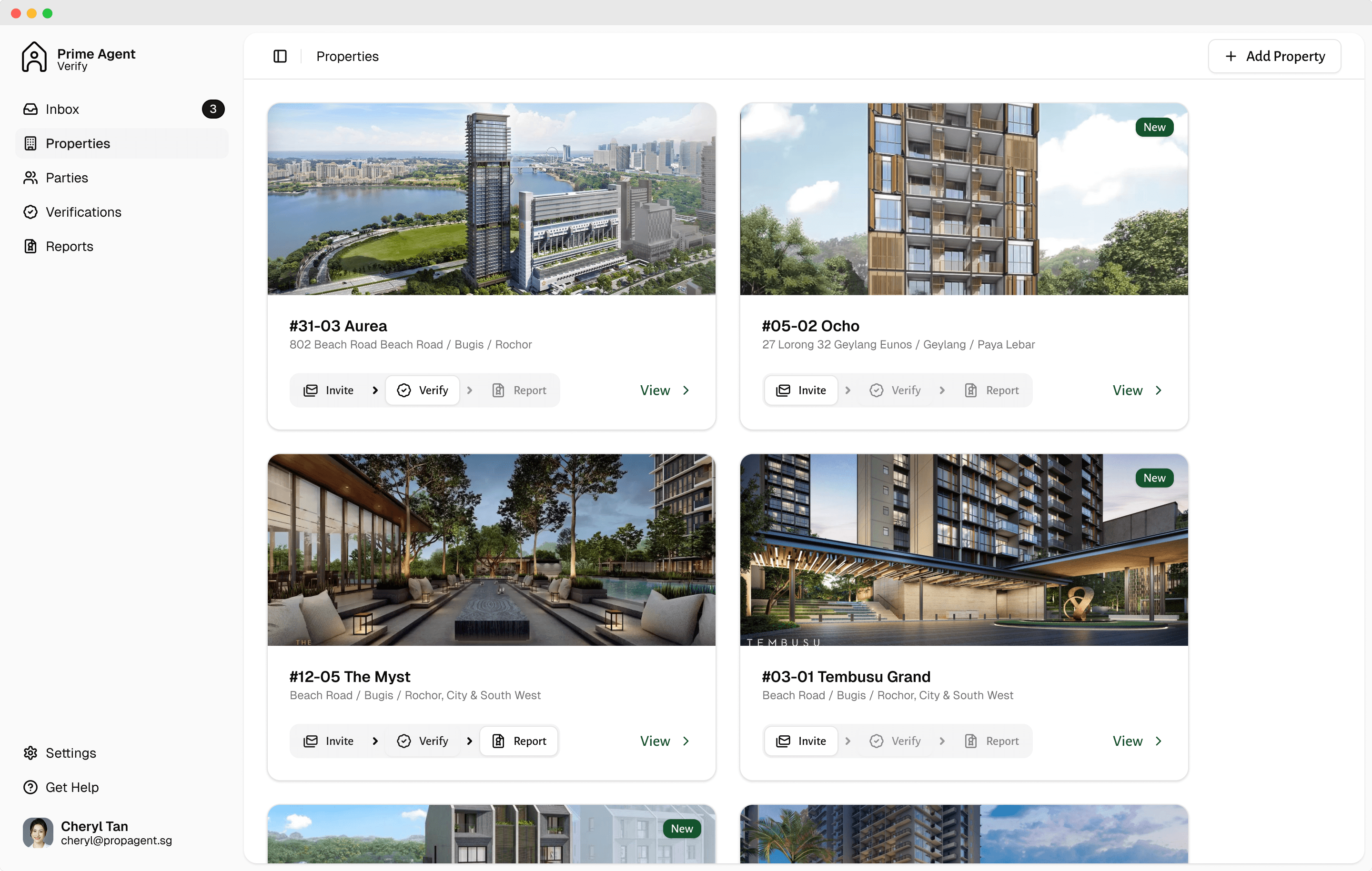Screenshot of the Prime Agent Verify app showing the properties listing